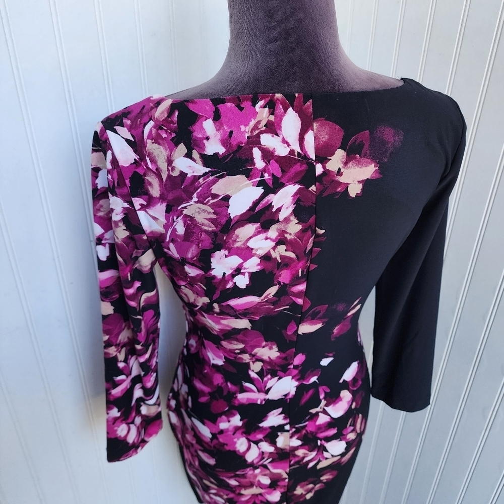 VTG Anne Klein Dress Ruched Black Pink Floral 3/4 Sleeves Stretch Womens Sz 2 - Picture 7 of 16
